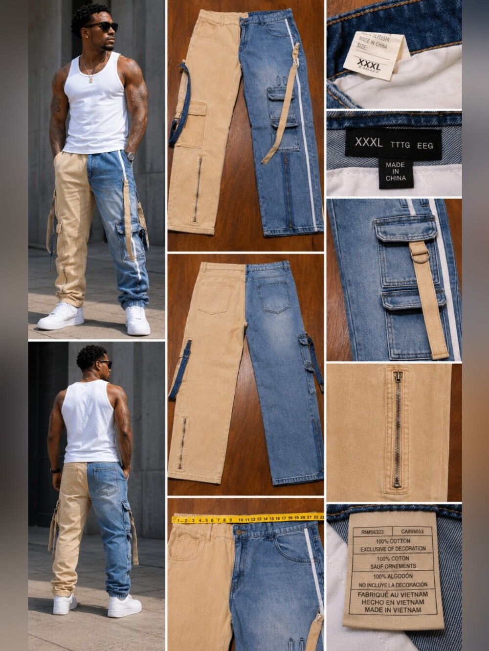 Two-Tone Beige and Blue Cargo Jeans 40x32